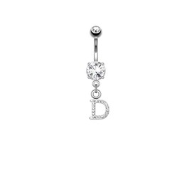 14G Sparkly Clear Gem-Paved Initial Dangle Belly Ring (D)