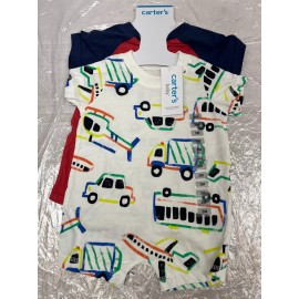 Carter's Carters Baby Boys 3 Months Snap On Romper White W/ Vehicles Red 2 Pack AM33