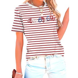 American Flag Shirt for Women Sequin USA Stripes T-Shirt 4th of July Patriotic Tee Tops