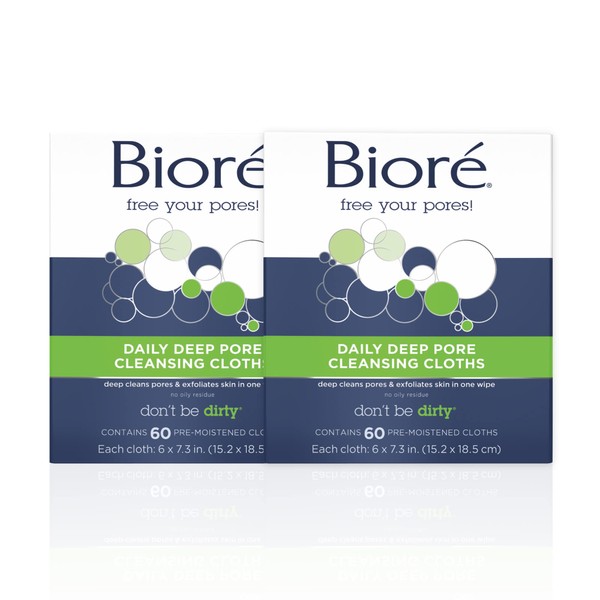 Bioré Daily Make Up Removing Cloths, Facial Cleansing Wipes with Dirt-grabbing Fibers for Deep Pore Cleansing without Oily Residue, 60 Count (Pack of 2)