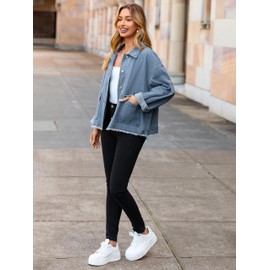 Glamaker Womens Jean Jackets Cropped Casual Denim Jacket Button Down Vintage Loose Frayed Hem Fall Coat with Pockets(Denim Classic Blue,Large)
