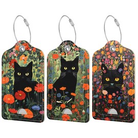 Rimilak 3 Pcs PU Leather Luggage Tags for Suitcase, Travel Cruise Luggage Tag with Privacy Flap, Name ID Label and Metal Loop for Women Men Baggage Handbag School Bag Backpack, Black Cat