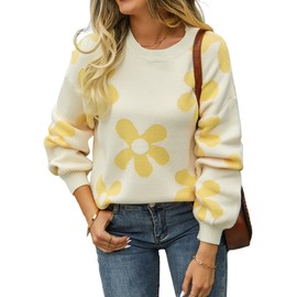 ECOWISH Women's Sweater 2024 Fall - Long Sleeve Crewneck Tops Knit Oversized Pullover Casual Print Jumper Beige Medium