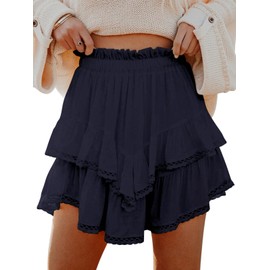 Aoudery Flowy Shorts for Women Casual Boho Ruffle Tiered Skorts High Waist Mini Skirts Golf Tennis Butterfly Crochet Shorts - Navy Blue XL