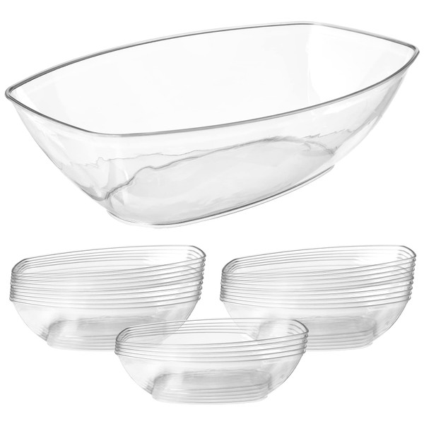 Prestee 12 Pack Clear Oval Plastic Disposable Serving Bowls (64 oz) - Disposable Party Dishes, Taco Bar Serving Set for a Party, Chip Bowls for Parties, Snack & Salad Containers, Candy Bowl