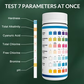 Pool Teststreifen 7IN1 Teststreifen Pool 100 Stück, Genauer Teststreifen für Pool,Spa,Ausreichend Pool Tester für pH,Härte,Gesamtalkalität,Cyanursäure,Gesamtchlor,freies Chlor Brom