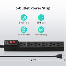 PLUGTUL Power Strip Surge Protector 2-Pack - 6 Outlets & 2 Ft Extension Cord, 1875W/15A 90 Joules, Overload & Surge Protection, Wall Mount for Home Office, ETL Listed Black