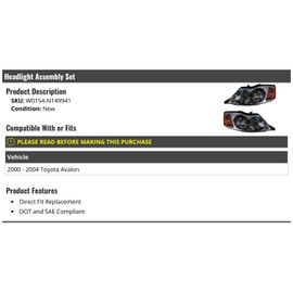 Marketplace Auto Parts Headlight Assembly Set of 2 - Compatible with 2000-2004 Toyota Avalon