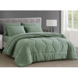 Chezmoi Collection Piper Queen Bed in a Bag 7-Pieces Honeycomb Geometric Hexagon Quilted Stone Washed Microfiber Comforter with Sheets Lightweight All Season Bedding Set (Queen, Sage Green)