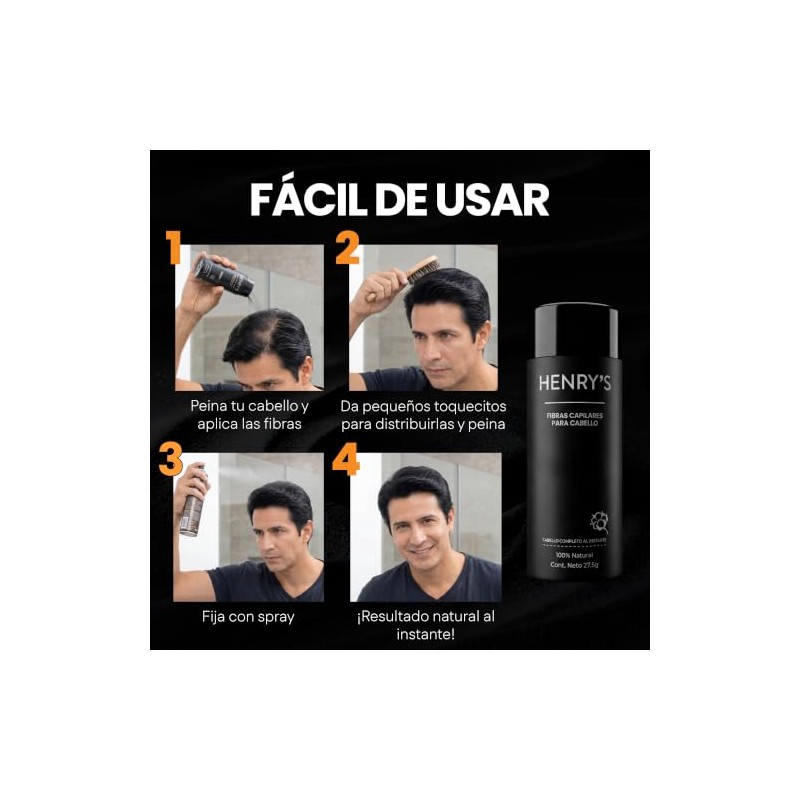 Henrys Fibras Capilares Negro 27.5g, Disimula Cabello Delgado, Aumenta Volumen