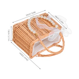 CAXUSD Flower Girl Basket with Pearl Chain Bow Woven Decorative Handbag for Weddings Picnics and Home Decor Versatile Small Braided Basket for Flowers and Storage