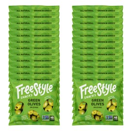 Freestyle Snacks Olive Snack Packs - Single Serve - Fresh Pitted Green Olives, Jumbo-Sized, Grown in Greece, All Natural, Non-GMO, Paleo, Sugar-Free, Keto, Salty Snack - Original, 1.1oz (24 Pack)