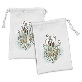 Ambesonne Kraken Fabric Pouch Set of 2, Octopus Sinking the Pirate Ships Greek Myth Fish Culture Cartoon Artwork Image, Small Drawstring Bag for Toiletries Masks and Favors, 9" x 6", Tan Pale Green