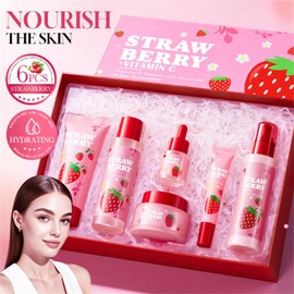 Strawberry Skincare Set 6 PCS Hydrating Face Care Kit with Cleanser Toner Serum Cream Eye Cream Lotion, Collagen Hyaluronic Acid Routine Set, Skincare Gift Set for Teen Girls & Young Women