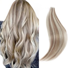 Sixstarhair Tape In Hair Extensions Blonde Highlights 100 Real Human Hair Beautiful Color Gold Blonde With Ash Blond and Most Invisible Hair Extensions Tape In [Color P20-60#-16 inch]