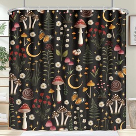 farg 72x72 Inch Vintage Mushroom Shower Curtain Fairy Forest Flowers Plants Shower Curtains Sets Water Repellent Retro Botanical Seasonal Fabric Curtain for Bedroom Livingroom Decor with Hooks