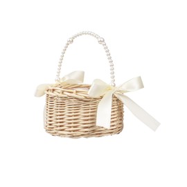 Wicker Rattan Flower Girl Basket, Handwoven Flower Basket with Handle and Bow Wedding Flower Girl Basket