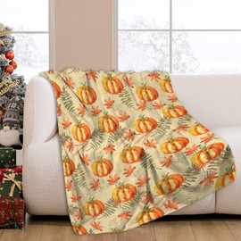 JOOCAR Autumn Season Pumpkin Throw Blanket Fall Leaf Maple Wheat Harvest Fall Decor Beige Blanket Cozy Soft Lightweight Flannel Plush Blankets for Bed Couch Living Room Sofa Chair,50x60 Inch