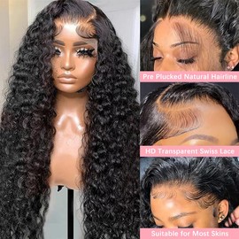 ZFUHWT Deep Wave Lace Front Wigs Human Hair 13x6 HD Lace 200% Density Pre Plucked with Baby Hair Deep Curly Human Hair Natural Color Wigs for Women 24 Inch