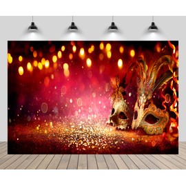 CHNYWORK 7x5ft Venetian Mardi Gras Backdrop Venice Carnival Feather Diamonds Mask Bokeh Red Glonden Background Venice Carnival Theme Masquerade Party Decor Photo Booth Studio Props Wallpaper