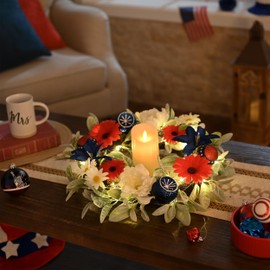 Valery Madelyn Patriotic Wreath for Front Door with Lights,20'' Red White Blue 4th of July Wreath for Memorial Day Decorations,Floral with Ball Ornament for Independence Day Americana Decor