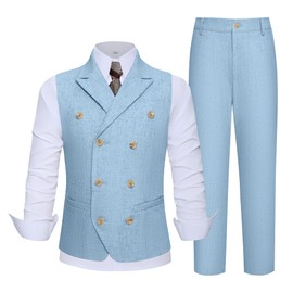 Hipfun Linen Boys Light Blue Suit - Toddler Boy Suit - Summer Casual Beach Wedding Tuxedo Suit - Boy Vest and Pants Set - Size 8