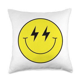 70s Cute Lightning Bolt Eyes Yellow Happy Smiling Smile Face Throw Pillow