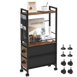 Small Narrow Side Tables for Small Spaces, Oppro Narrow Skinny Bedside Table Nightstand with Drawers&Wheels, Slim Table Stand Magazine Rack with Storage Bag for Sofa Living Room Couch Bedroom (Rustic)