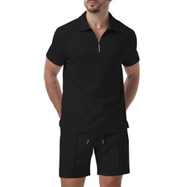 Askdeer Mens Short Sets 2 Piece Summer Track Suits Short Sleeve Sweatsuit Outfits 1/4 Zip Golf Polo Shirts Loungewear Black
