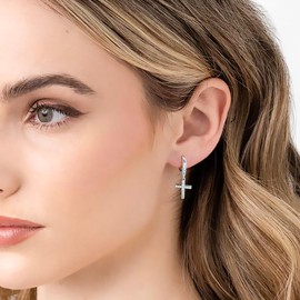 FSLEAD White Gold Plated Cross Dangle Earring for Women Pave CZ Sterling Silver Cross Leverback Earrings Cross Drop Earring Silver Dangle Earrings Silver Leverback Earrings Silver Earrings
