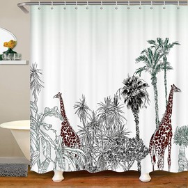 Loussiesd Giraffe Shower Curtain Zoo Animal Bathroom Fabric Shower Curtain Set for Kids Teens Safari Wild Bath Curtain Wildlife Waterproof Curtains Tropical Leaves Stalls Bathtubs 59x71 Inch