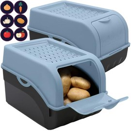 ARTECSIS Potato Storage Box, Dove Blue, Set of 2, Vegetable Box, Potato Box with Lid for Approx. 4 kg Potatoes + 6 Stickers with Vegetables