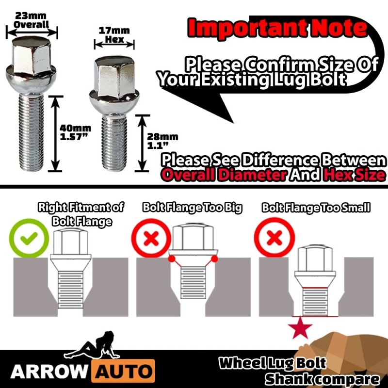 ARROW 20pcs Black M14x1.5 Cone Seat Lug Bolt 28mm Shank/17mmHex