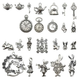 40 PCS Alice in Wonderland Fairy Charms Collection - Antique Alice Rabbit Steampunk Skeleton Keys Pendants Jewelry Findings (Silver HK6)