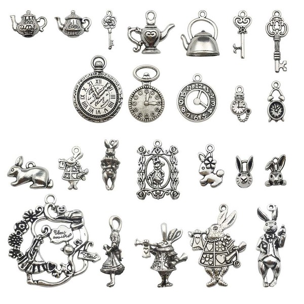 40 PCS Alice in Wonderland Fairy Charms Collection - Antique
