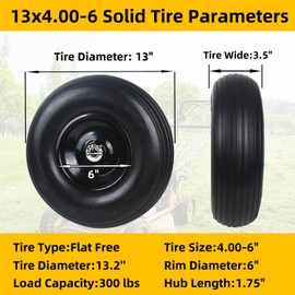 1pc 4.00-6 Flat-Free Solid Tire - 13" Wheelbarrow Tire, 5/8" Axle Bore Hole & 1.75" Center Hub for Wheelbarrow Cart, Lawn Mower, Go Kart - Replacement Tire