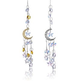 2Pcs Hanging Crystal Sun Catcher, Moon Star Crystal Prism Chain Rainbow Sun Catcher, Home Garden Windows Car Indoor Outdoor, Wedding Decoration (Gold + Silver)