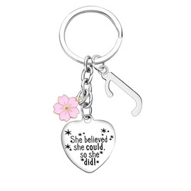 Inspirational Gift Initial Keychain For Women Friends Keyrings With Pink Flower 26 Letter Alphabet Keychain For Her Graduation Christmas Birthday Gifts for Daughter Sister (J)