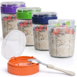EONJOE Overnight Oats Containers with Lid and Spoon - 16oz Glass Mason Jars for Meal Prep, Yogurt,Pudding- Set of 4