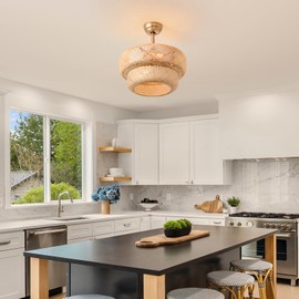 hualuosi Boho Caged Ceiling Fans 18.9" Rattan Ceiling Fan Bamboo Kitchen Light Fixture with Fan Fandelier with Lights and Remote 6 Speeds for Bedroom Nursery Living Room, E26 Base