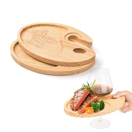 FZMEHL 2 Pcs Wine Appetizer Plates with Wine Glass Holder, Mini Charcuterie Boards, Wood Cocktail Cheese Plate for Party, Picnic, 9 x 6