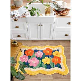 Aldopein Boho Floral Bath Mat 16''W x 24''L Non Slip Washable Cute Colorful Flower Daisy Bathroom Rug Water Absorbent, Vibrant Fluffy Shaggy Microfiber Shower Floor Mat Bath Rug for Bathroom