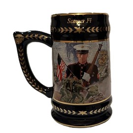 eMarine PX USMC Semper Fi Commemorative Beer Stein, 24 oz, Black and Gold Porcelain with Iwo Jima Design, 6 Inch