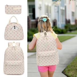 Xunteny Corduroy School Backpack Girls Kids Teens School Bookbags Schoolbag Set with Lunch Box Pencil Bag (Pink Flower)