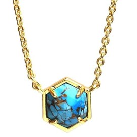Gempires Copper Turquoise Gemstone Pendant with Hexagon Shape Suspended on 16+2 inch Chain, Gold Plated, Hypoallergenic Jewelry for Women