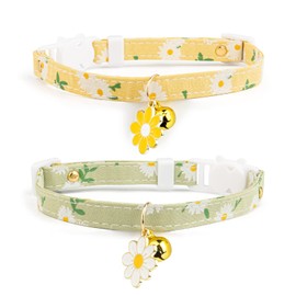 2 Pack Cotton Breakaway Cat Collar with Bell Yellow&Green Flowers Pendant Cute Kitten Cat Collar Suitable for Girls and Boys