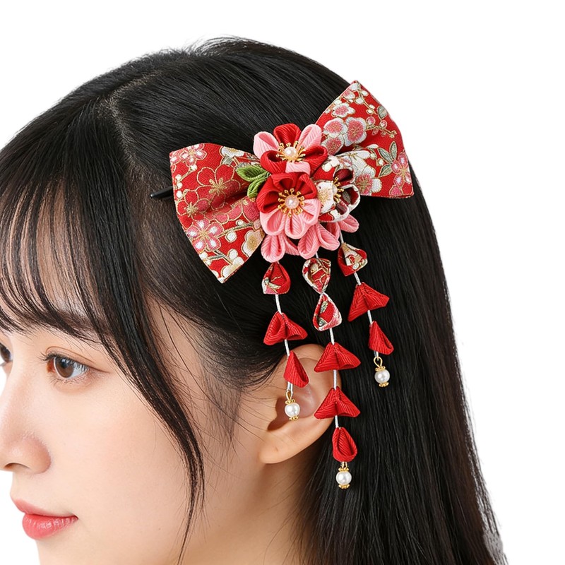 和風 髪飾り 桜 リボン ヘアクリップ 女の子 おしゃれ 古典 ヘアピン つまみ細工