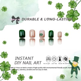 St. Patrick's Day Press on Nails Short Square MABKJLF French Tip Fake Nails False Nails with Designs Gold Glitter Shamrock Glossy Glue on Nails Acrylic Nails for Women Girls 24 Pcs