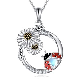 YAFEINI Daisy Necklace Sterling Silver Ladybug pendant necklace Moonestone Jewellry Gift for Women