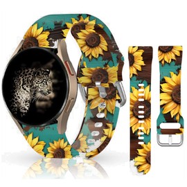 20mm Fashion Silicone Sport Bands Compatible for Galaxy Watch 6/Watch 5/Galaxy Watch 4 40mm 44mm/Classic 42mm 46mm/Watch 3 41mm, Active 2 Watch Bands,watercolor sunflowers wood grain Replacement Strap